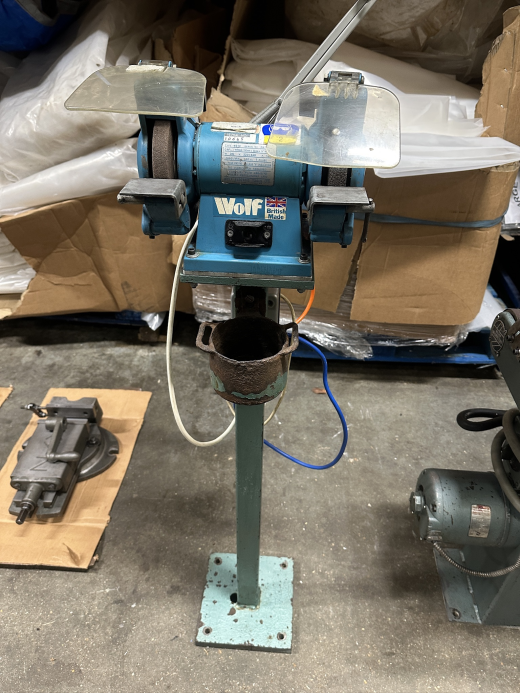 Used Wolf Double Ended Pedestal Grinder, type 8348, s/n 597A,  6` dia wheel size 150 x 20mm x 1/2 bo