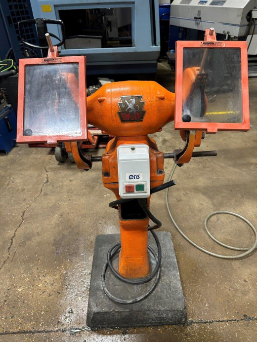 Used Wolf 8` Double Ended Grinder, on stand, concrete base, guards, 3 phase power